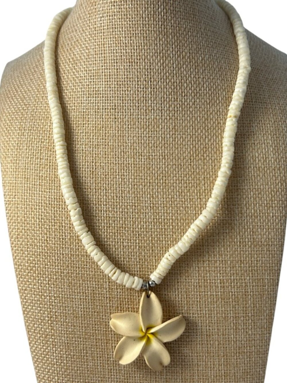 White Shell Bead Necklace Plumeria Flower Pendant Tropical Beach Boho Surfer